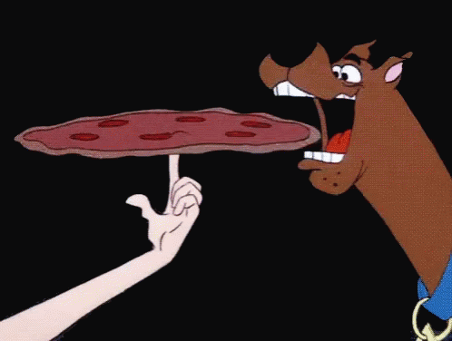 gif of Scooby Doo eating a pizza that is spinning on a finger.