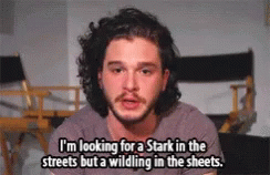 GIF of Kit Harrington saying I'm looking for a Stark in the streets but a wilding in the sheets.