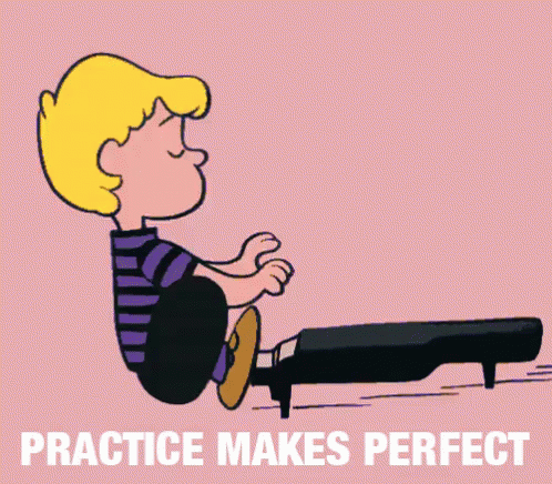 The image is a meme of Schroeder from the Peanuts playing the piano. The tagline is "Practice Makes Perfect."