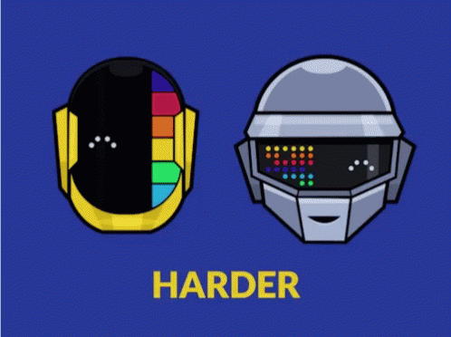 animation of the Daft Punk helmets with 'harder better faster stronger'