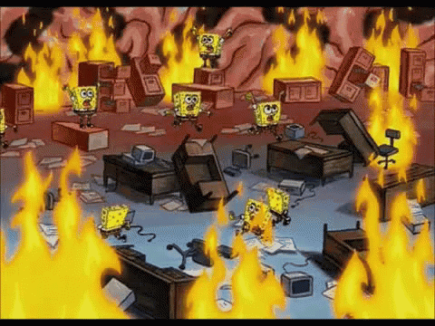 Gif of Spongebob running around an office on fire with paper and filing cabinets on the floor 
