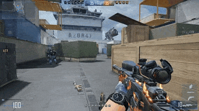 a person is holding a rifle in a video game with a ship in the background