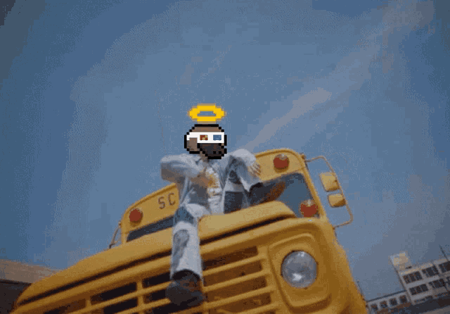 a pixel art of a person sitting on top of a yellow school bus