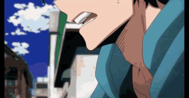 a close up of a person 's face with a blue jacket on