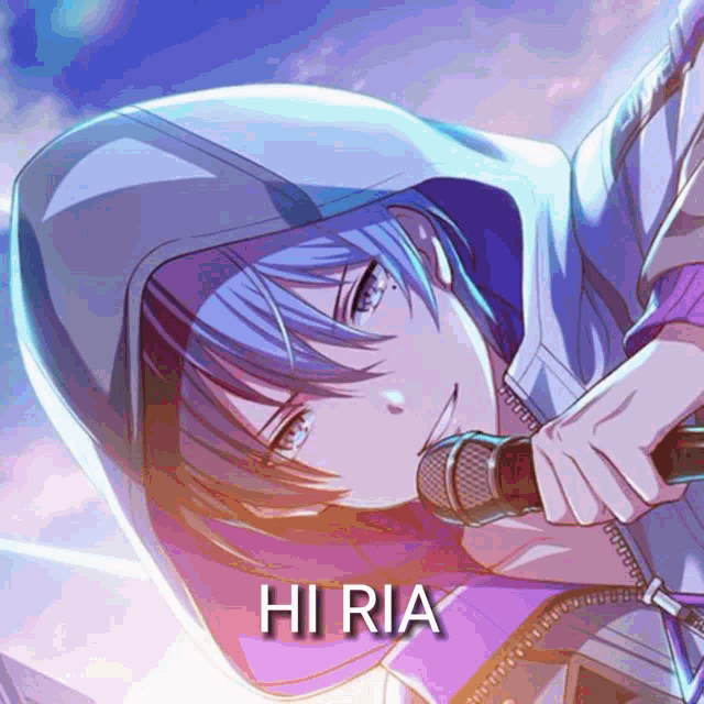 a blue haired anime character is holding a microphone and says hi ria on the bottom