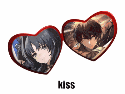 a picture of a girl and a boy in a heart shaped frame with the word kiss below them