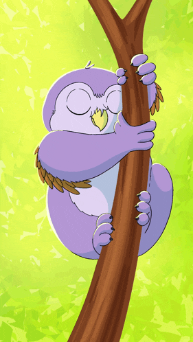 a cartoon drawing of a purple owl sleeping on a tree branch