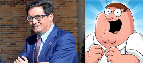 a man in a suit and tie next to a picture of peter griffin from family guy