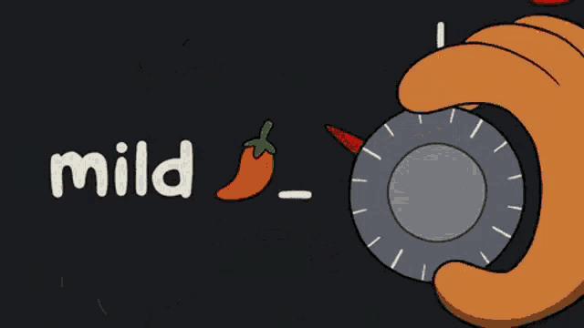 a cartoon drawing of a hand holding a dial that says medium