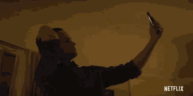 a pixelated image of a man taking a selfie with the netflix logo in the corner