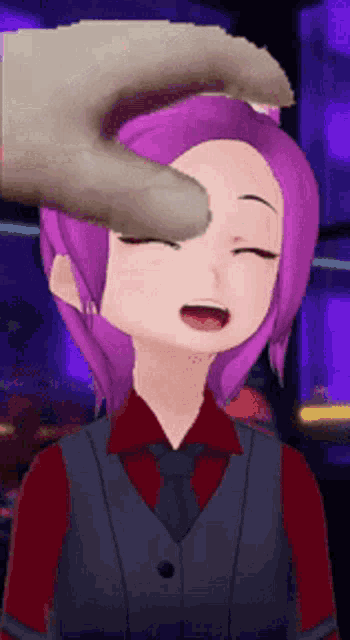 a girl with purple hair is being touched by a hand