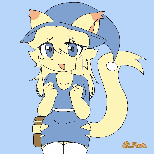 a drawing of a cat wearing a blue hat and a blue dress with the name flare on the bottom right