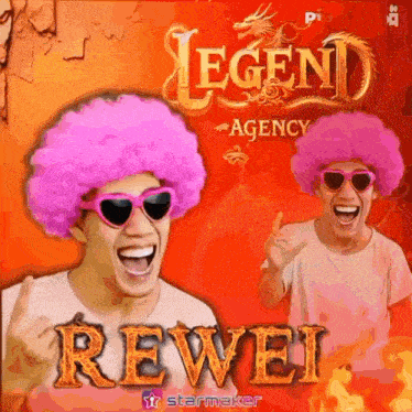 a man wearing a pink wig and heart shaped sunglasses stands in front of a legend agency logo