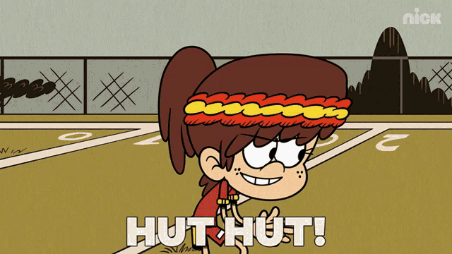 a cartoon of a girl with a headband that says hut hut on it