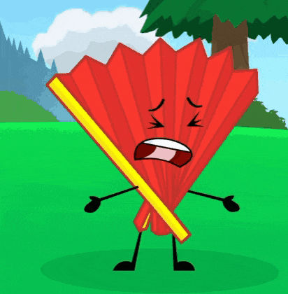 a cartoon drawing of a red fan with a yellow handle and arms and legs