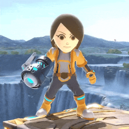 a cartoon character is holding a gun in front of a waterfall in a video game