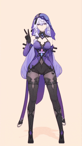 a girl with purple hair and a sword is making a heart shape with her hands