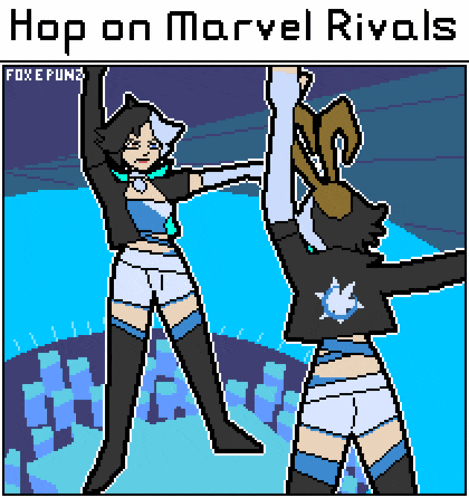 a pixel art drawing of two women dancing with the caption hop on marvel rivals