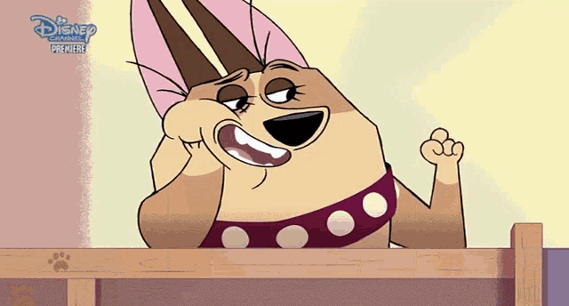 a cartoon of a dog with a disney premiere logo behind it