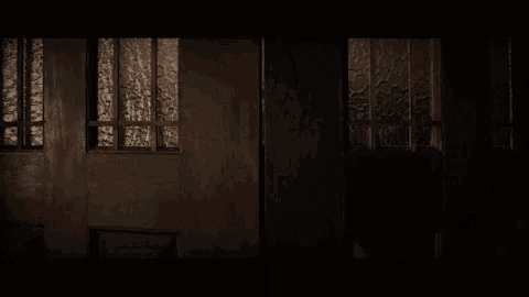 a dark room with a wooden door and two windows