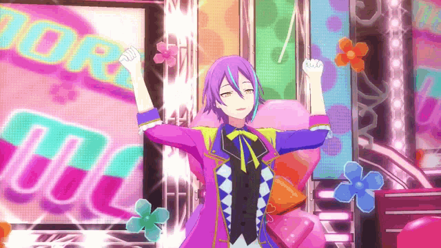 a purple haired anime character is dancing in front of a sign that says " adore "