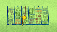 a cartoon drawing of a library with a ladder going up to the top