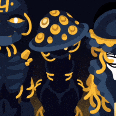 a cartoon drawing of a group of mushrooms with the number 4 on their hats