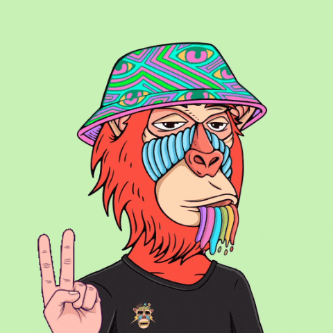 a cartoon of a monkey wearing a colorful hat and a black shirt giving a peace sign