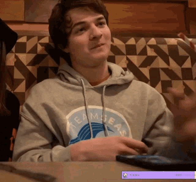 a young man wearing a hoodie that says a team seas