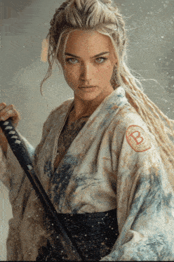 a woman in a kimono has a bitcoin logo on her sleeve