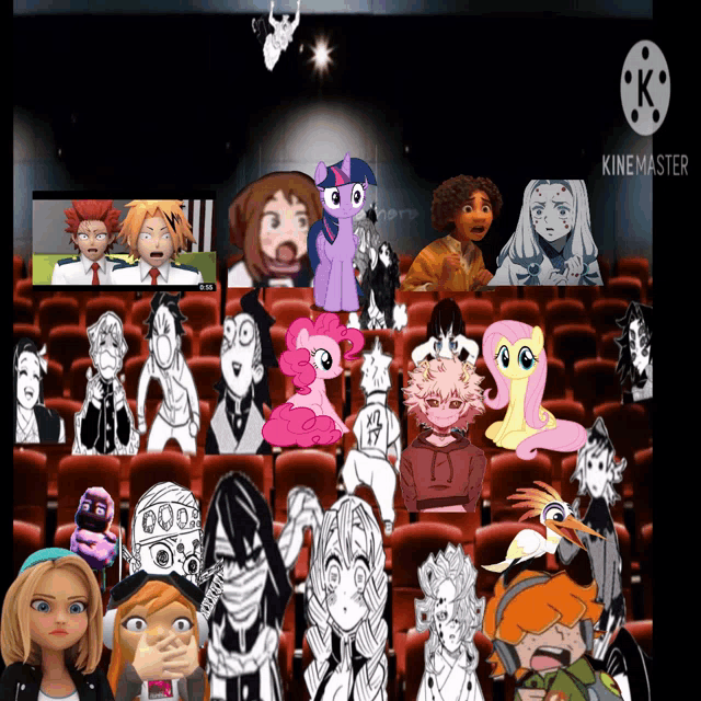 a bunch of cartoon characters are sitting in a theater with the words kinemaster on the bottom right