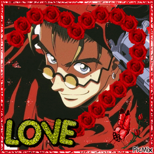 a picture of a man with a gun and roses with the word love on the bottom