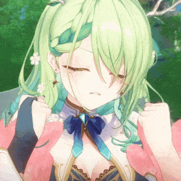 a girl with green hair is wearing a pink dress