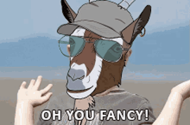 a cartoon of a goat wearing sunglasses and a hat with the words oh you fancy below it
