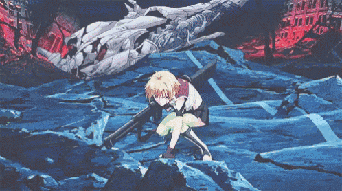 a girl is kneeling down with a rifle in her hand