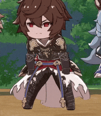 a cartoon character with red eyes is sitting down
