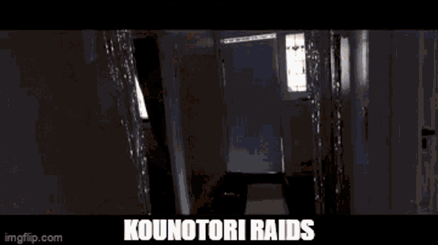 a group of people are walking down a hallway with the words kounotori raids on the bottom .