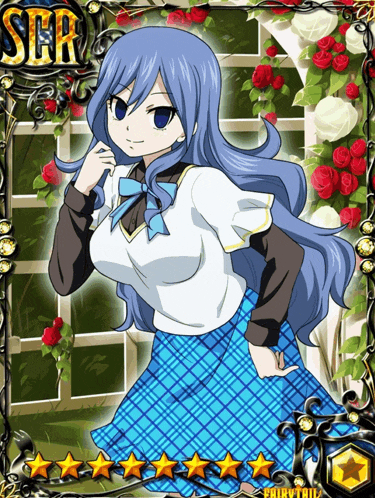 a fairy tail card with a girl in a blue skirt