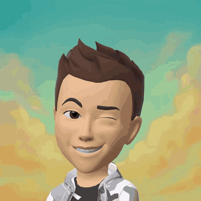 a cartoon character winks at the camera while wearing a camouflage jacket