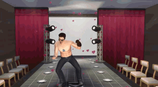 a shirtless man is dancing on a runway with hearts flying around him