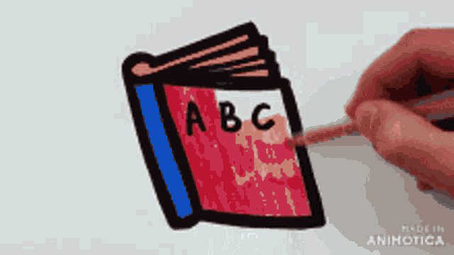 a person drawing a book with the letters abc on it