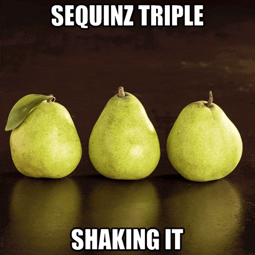 three green pears on a table with the words sequinz triple shaking it below them