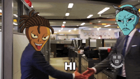 a man in a suit shakes hands with a cartoon character with the word hi on it