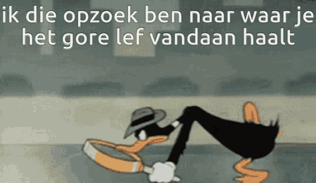 a cartoon duck looking through a magnifying glass with a caption in a foreign language