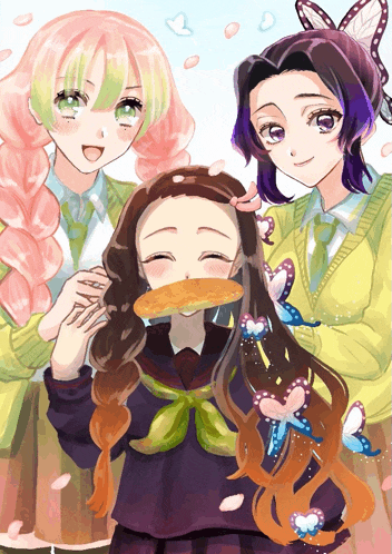 a group of anime girls are posing for a picture and one girl is holding a piece of food in her mouth