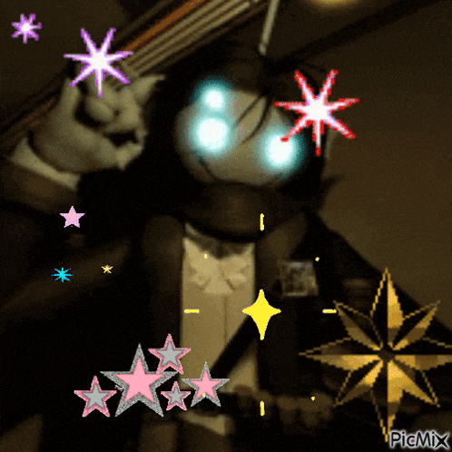 a man in a tuxedo is surrounded by stars and a star that says picmix