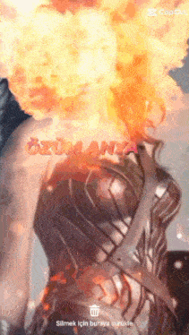 a woman in a wonder woman costume has fire coming out of her head