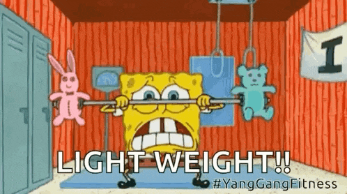 a cartoon of spongebob lifting a barbell in a gym with a teddy bear and a rabbit .