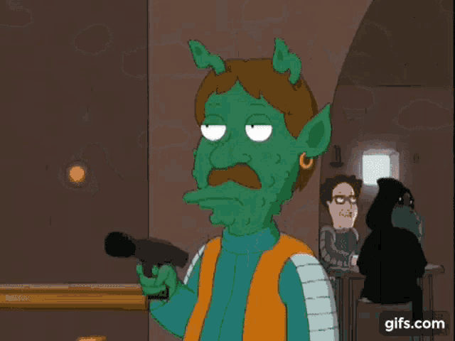 a cartoon of peter griffin sitting at a table with a green monster