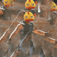 a man with a chicken head is surrounded by chickens with the words " are you not entertained " written in the background